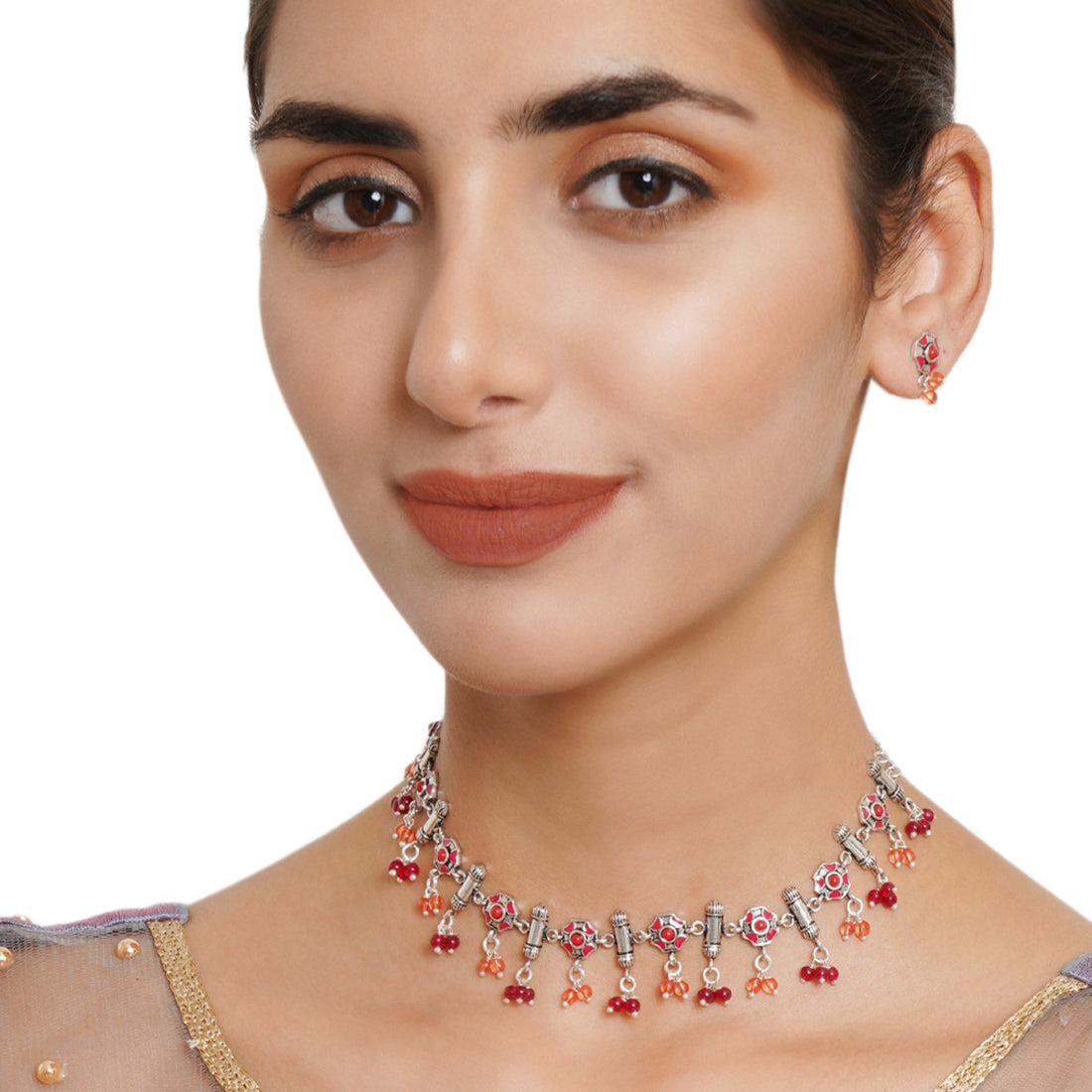 Women's Festive Hues Intricate Enameled Choker Necklace Set - Voylla
