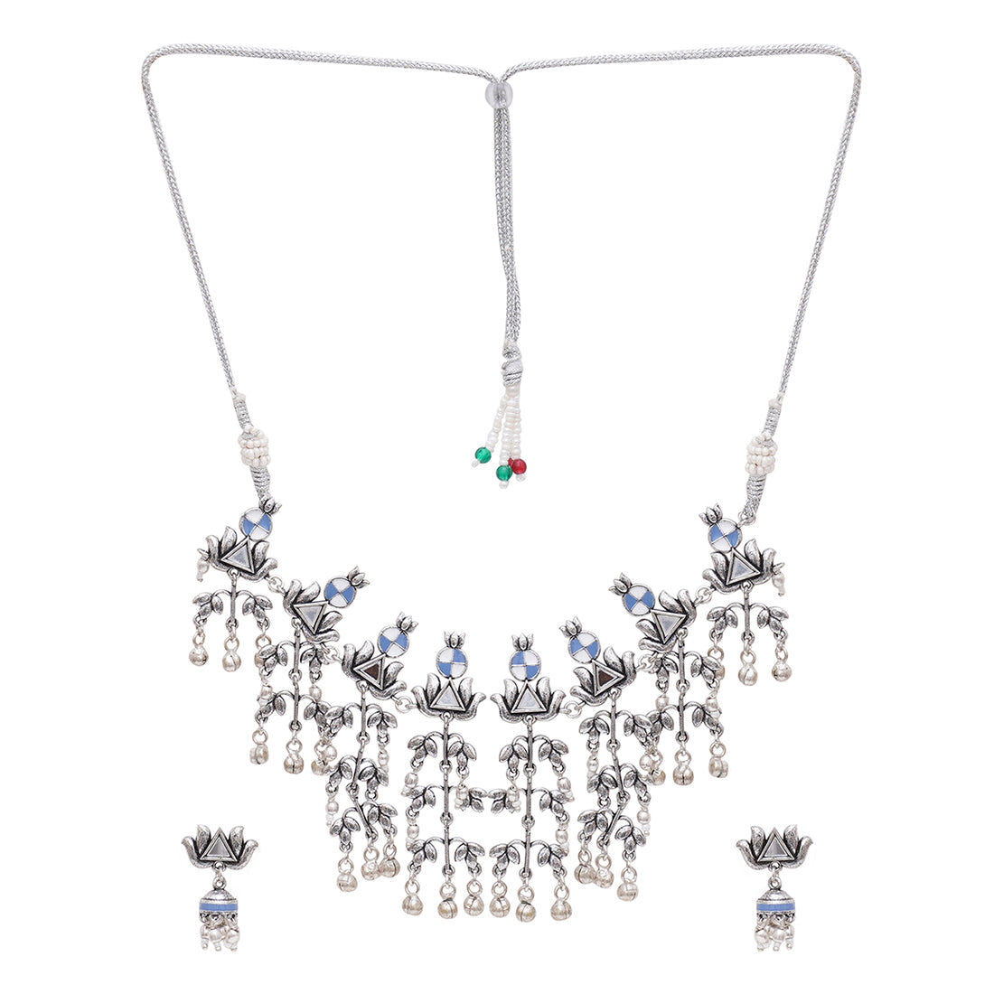 Women's Festive Hues Silver Plated Long Fusion Blue Necklace Set - Voylla