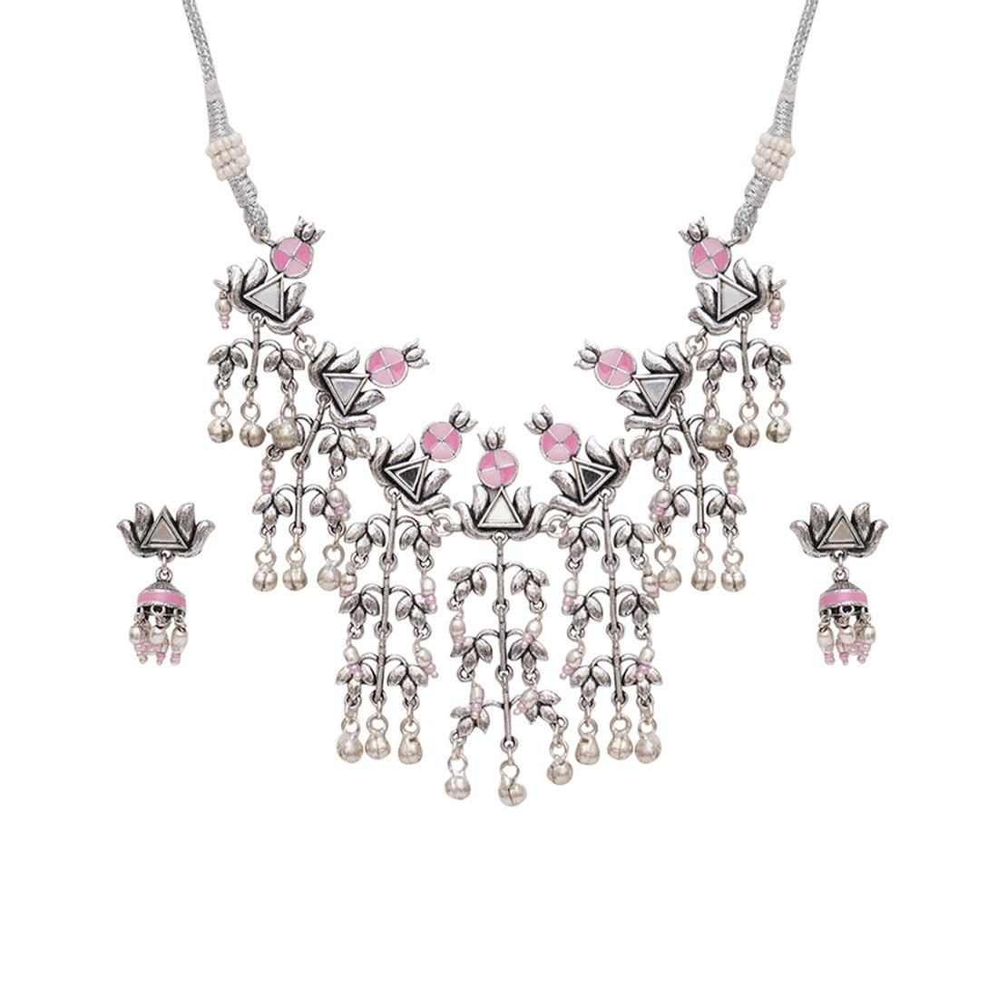 Women's Festive Hues Silver Plated Long Fusion Pink Necklace Set - Voylla