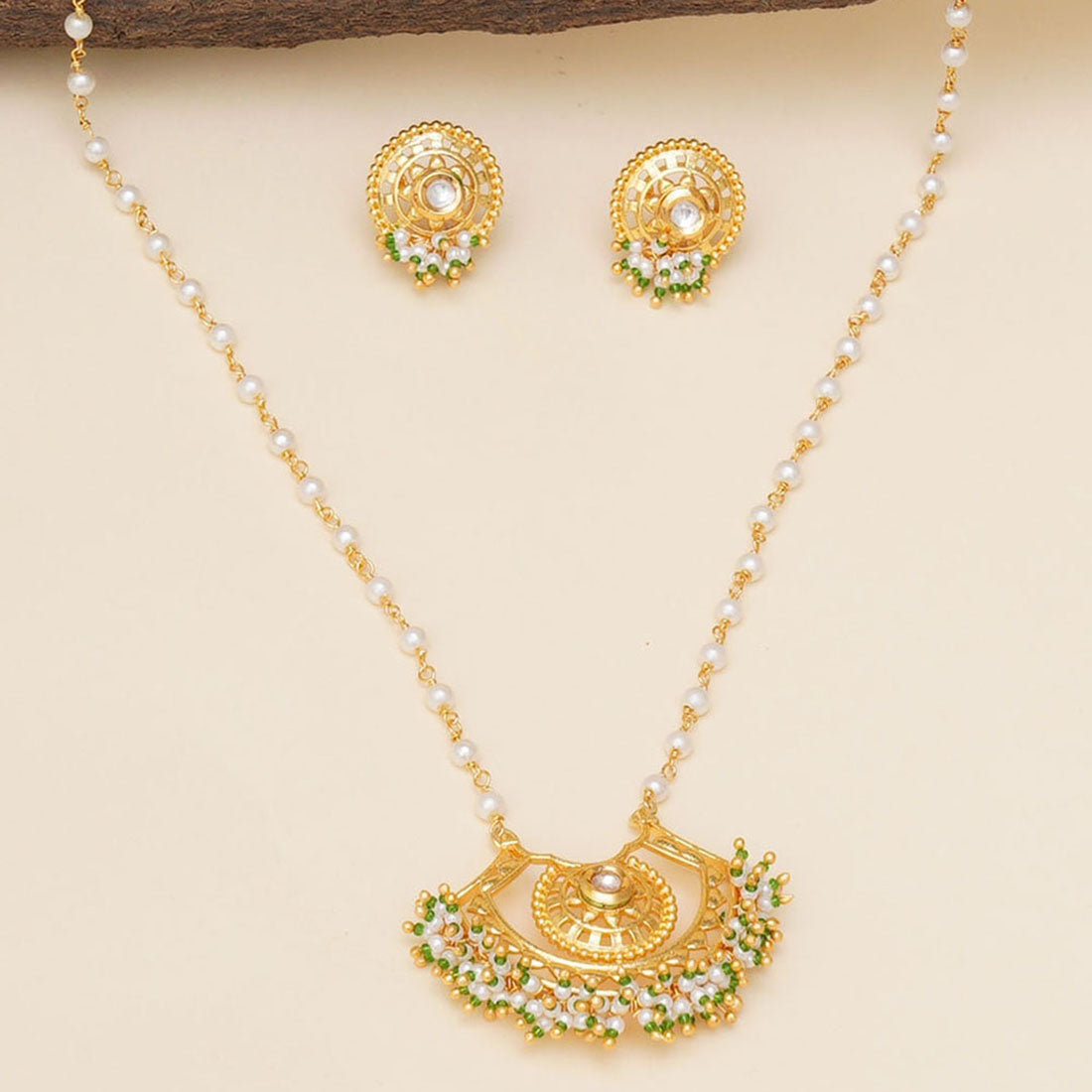 Women's Festive Hues Long Jewellery Set In Gold And Pearl Chain - Voylla