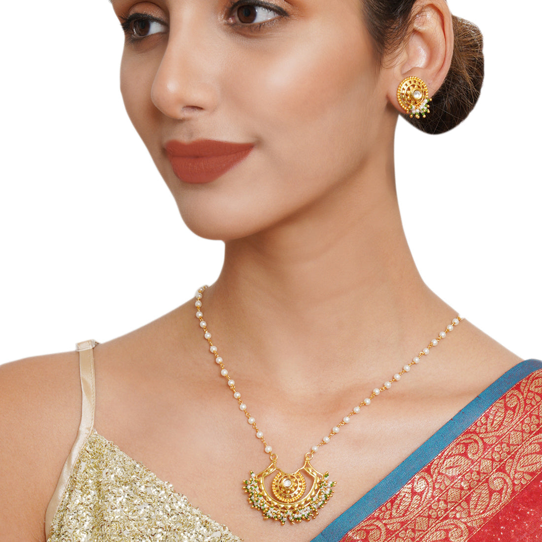 Women's Festive Hues Long Jewellery Set In Gold And Pearl Chain - Voylla