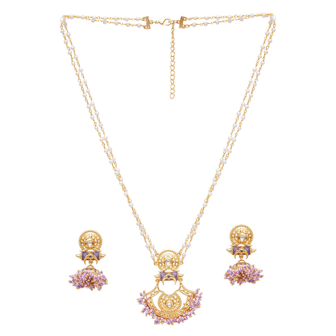Women's Festive Hues Yellow Gold Plated Faux Pearls Adorned Brass Jewellery Set - Voylla