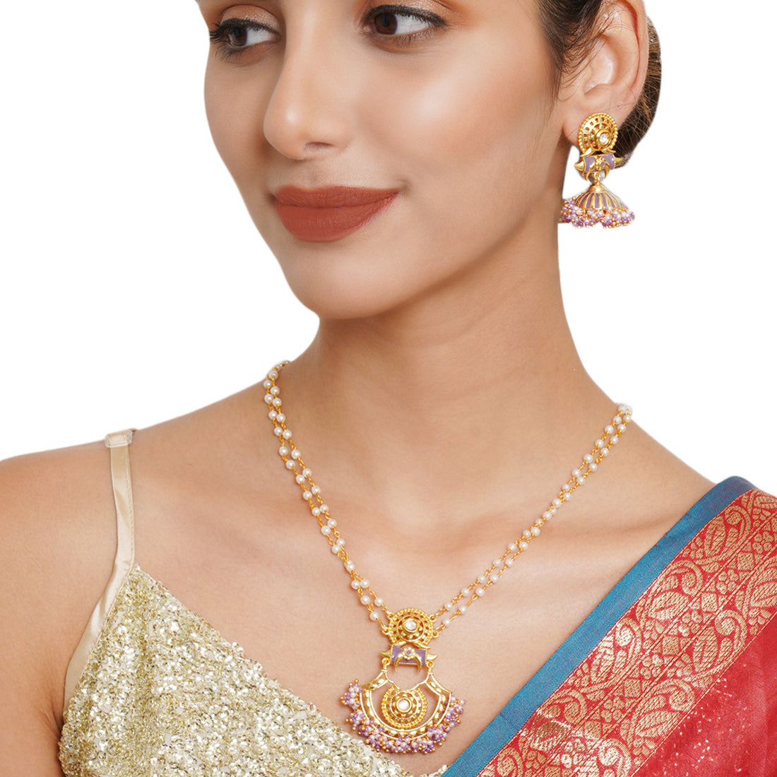 Women's Festive Hues Yellow Gold Plated Faux Pearls Adorned Brass Jewellery Set - Voylla