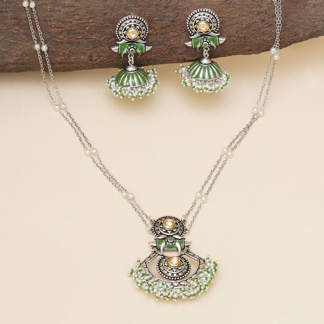 Women's Festive Hues Green Enamel Jewellery Set - Voylla