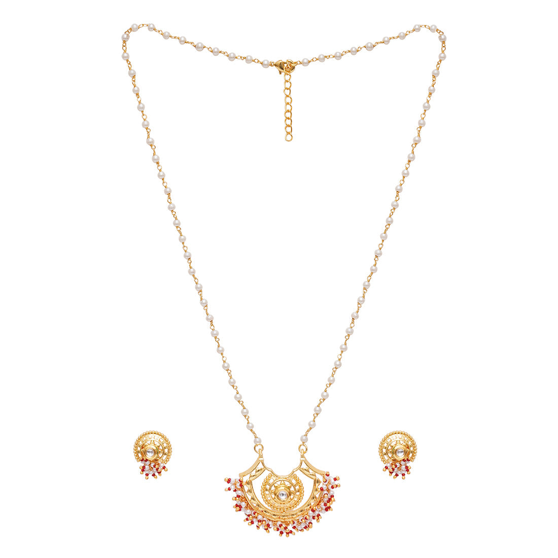 Women's Festive Hues Long Gold Plated Jewellery Set In Pearl Chain - Voylla