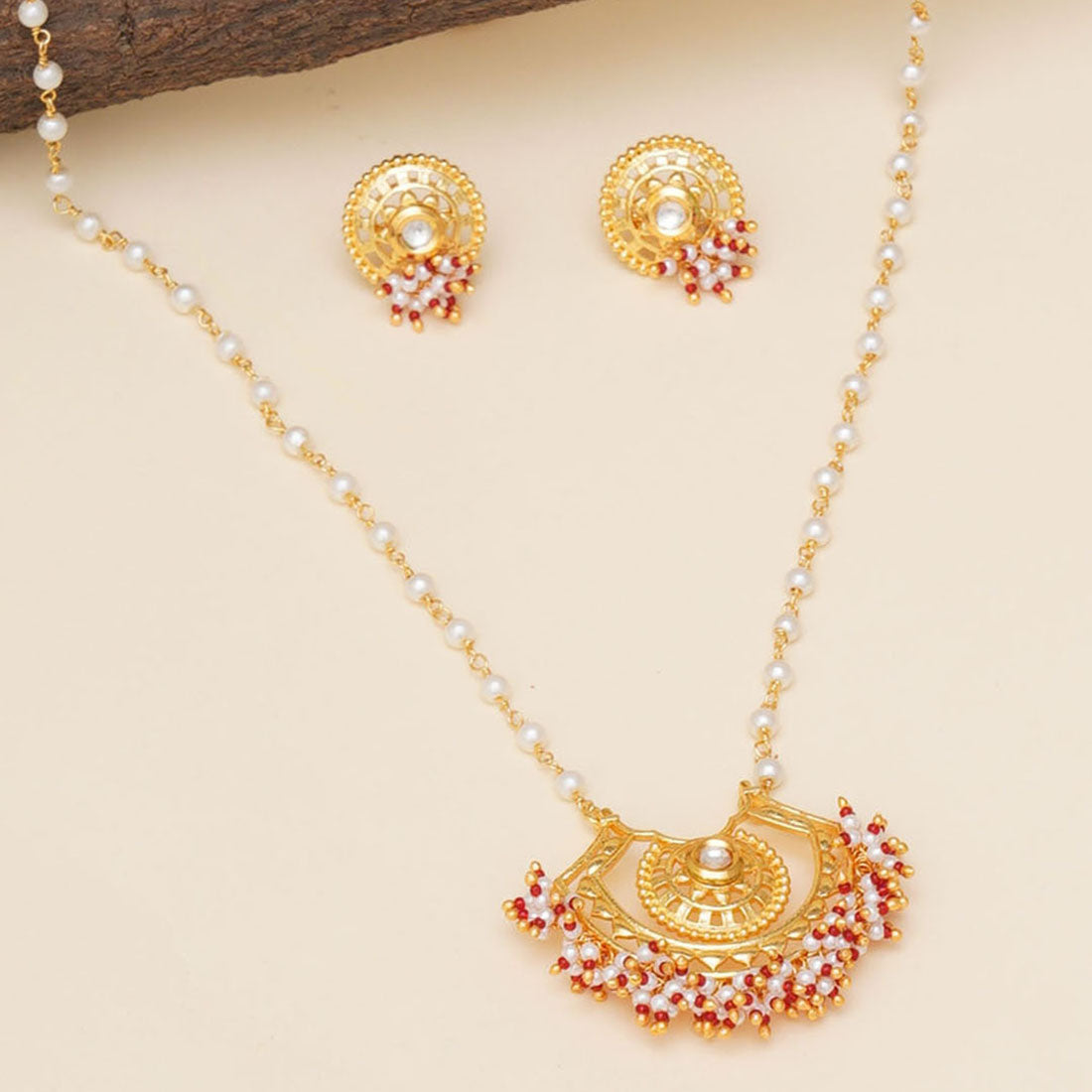 Women's Festive Hues Long Gold Plated Jewellery Set In Pearl Chain - Voylla