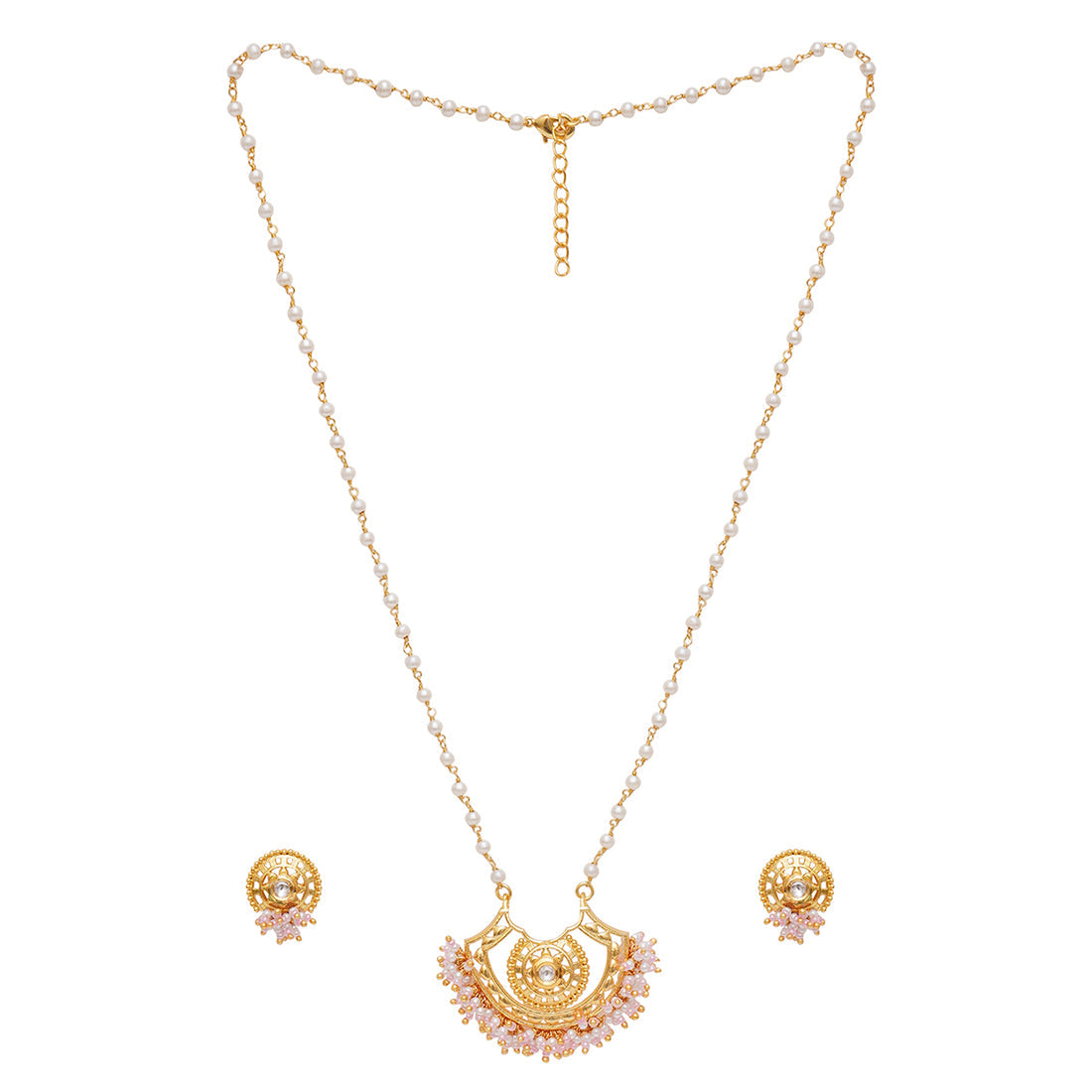 Women's Festive Hues Long Gold Plated Jewellery Set In Pastel Pearl Chain - Voylla