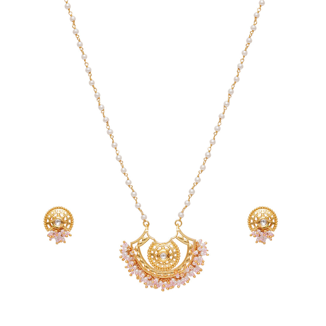 Women's Festive Hues Long Gold Plated Jewellery Set In Pastel Pearl Chain - Voylla