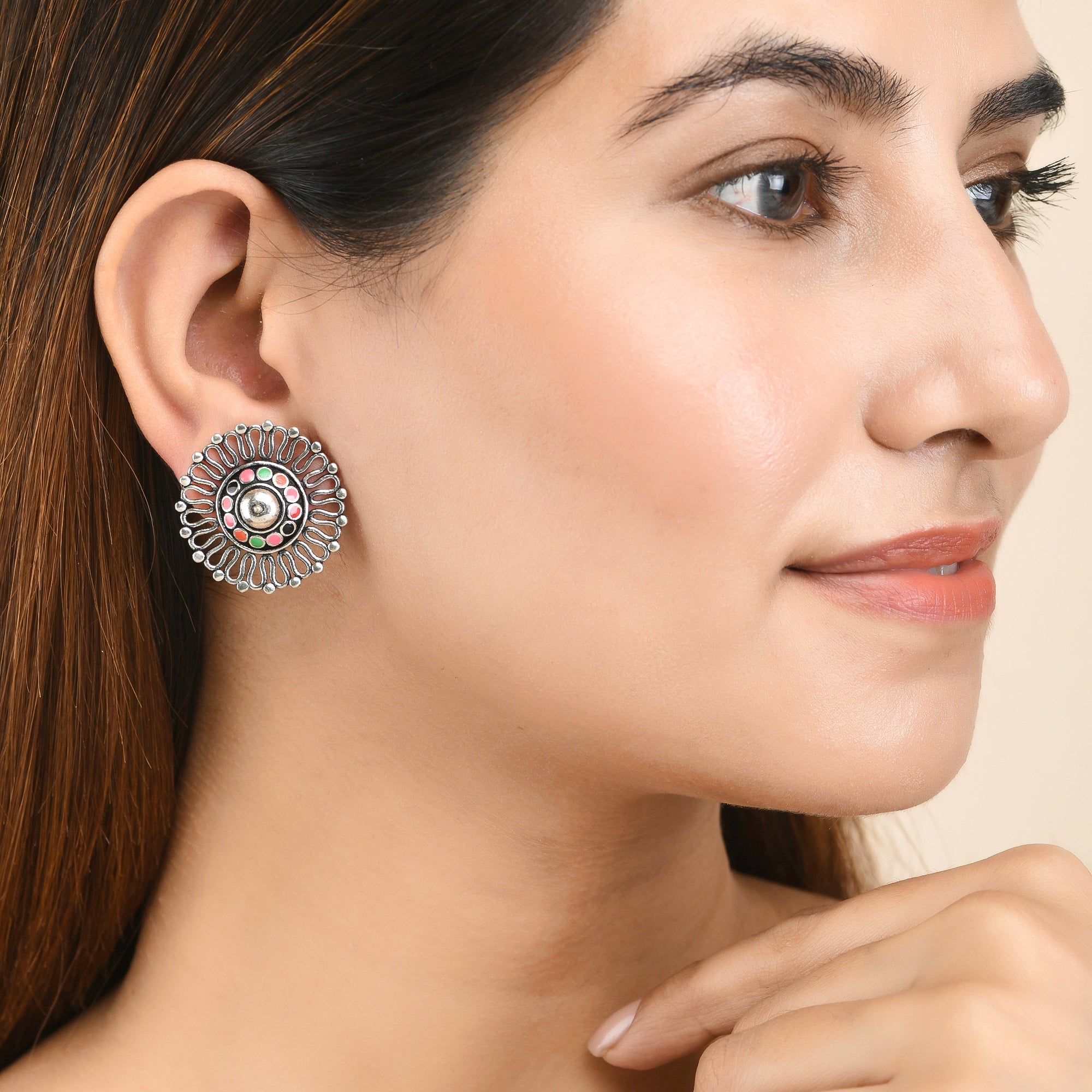 Women's Folklore Beaded Enamel Cutwork Stud Earrings - Voylla