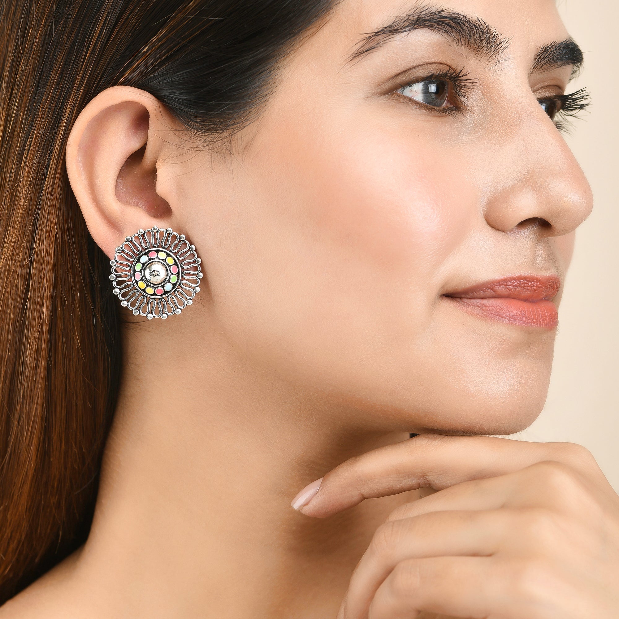 Women's Folklore Enamelled Round Stud Earrings - Voylla