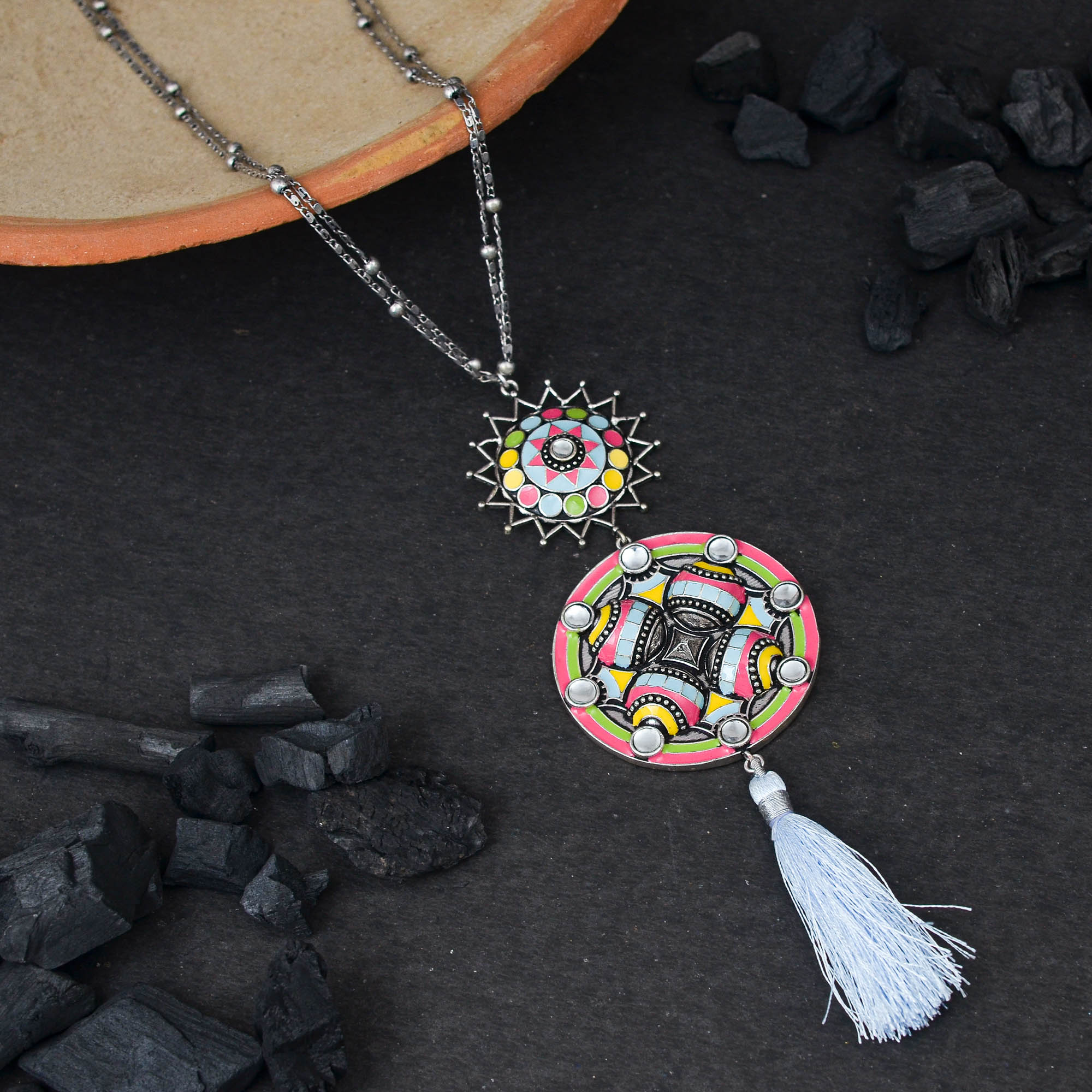 Women's Folklore Tassel Drop Enamelled Necklace - Voylla
