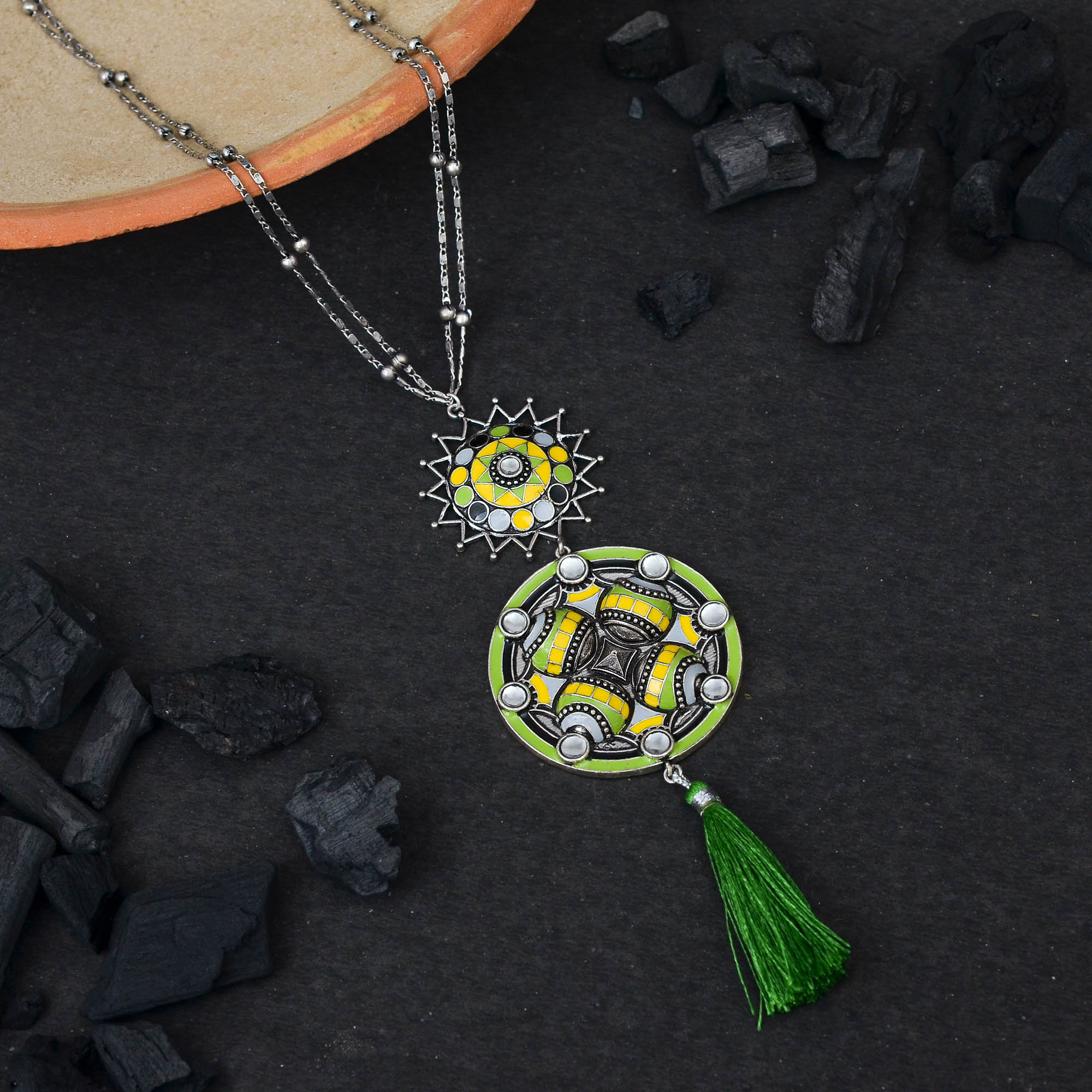 Women's Folklore Circles Enamelled Tassel Drop Necklace - Voylla
