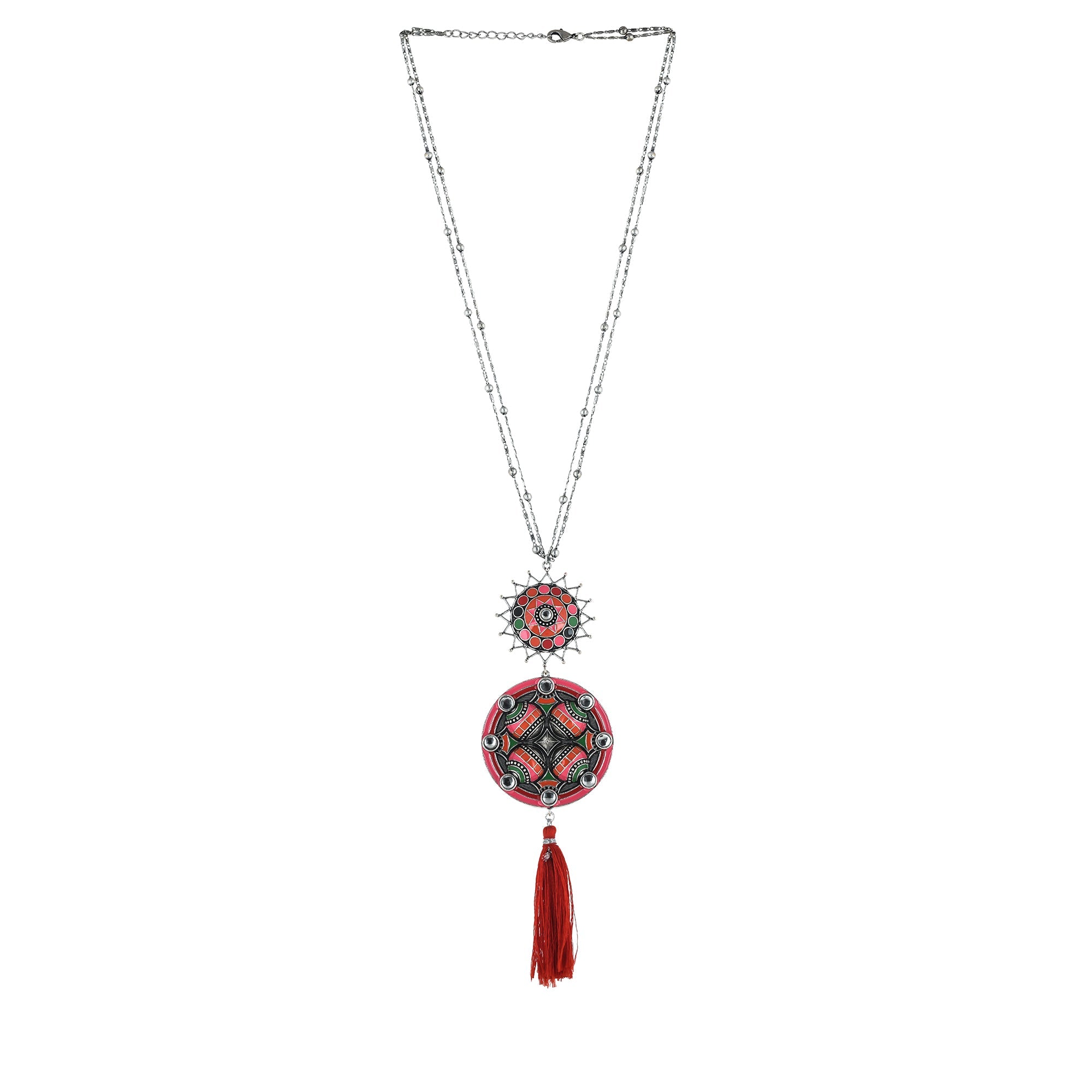Women's Folklore Red Enamel Tassel Drop Necklace - Voylla