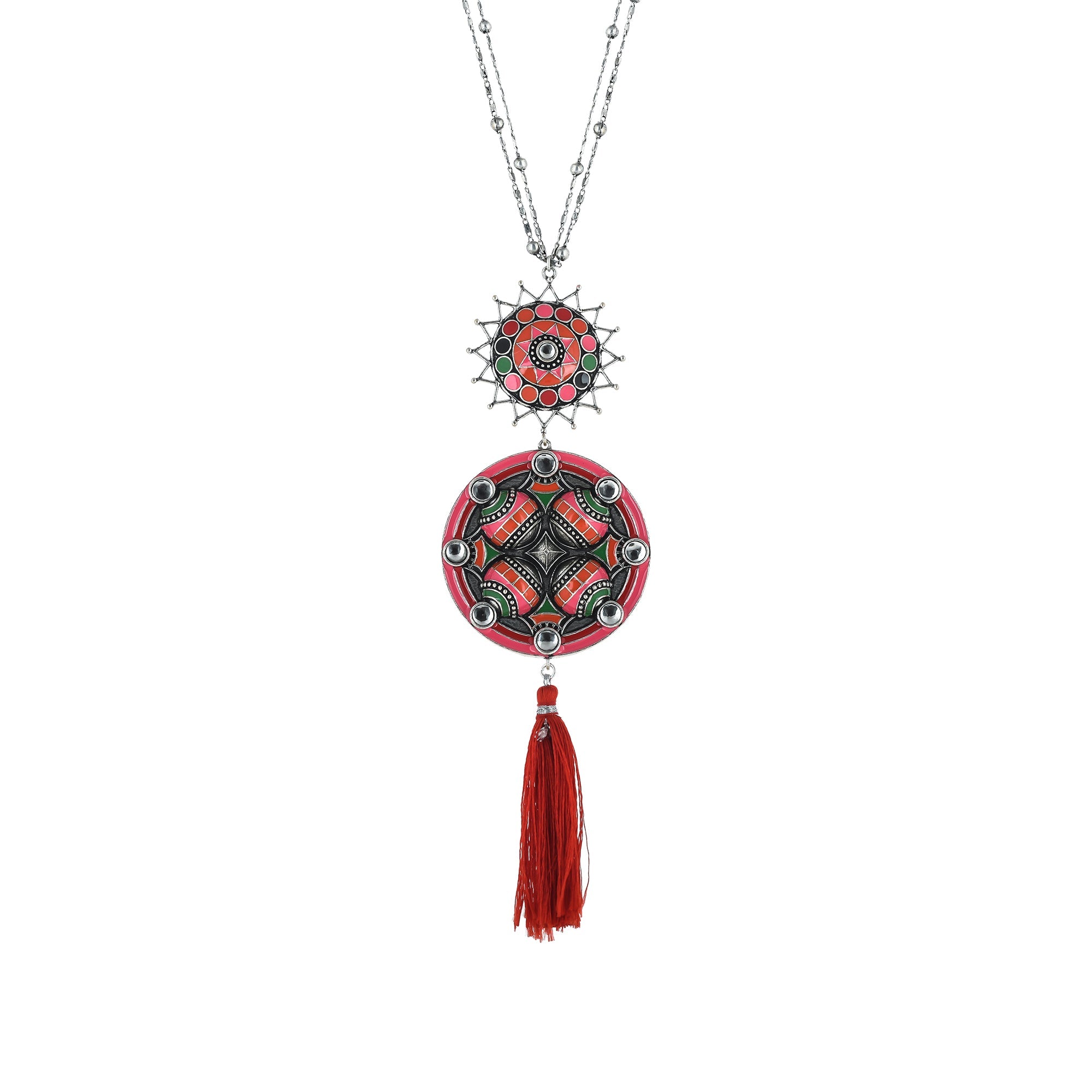 Women's Folklore Red Enamel Tassel Drop Necklace - Voylla