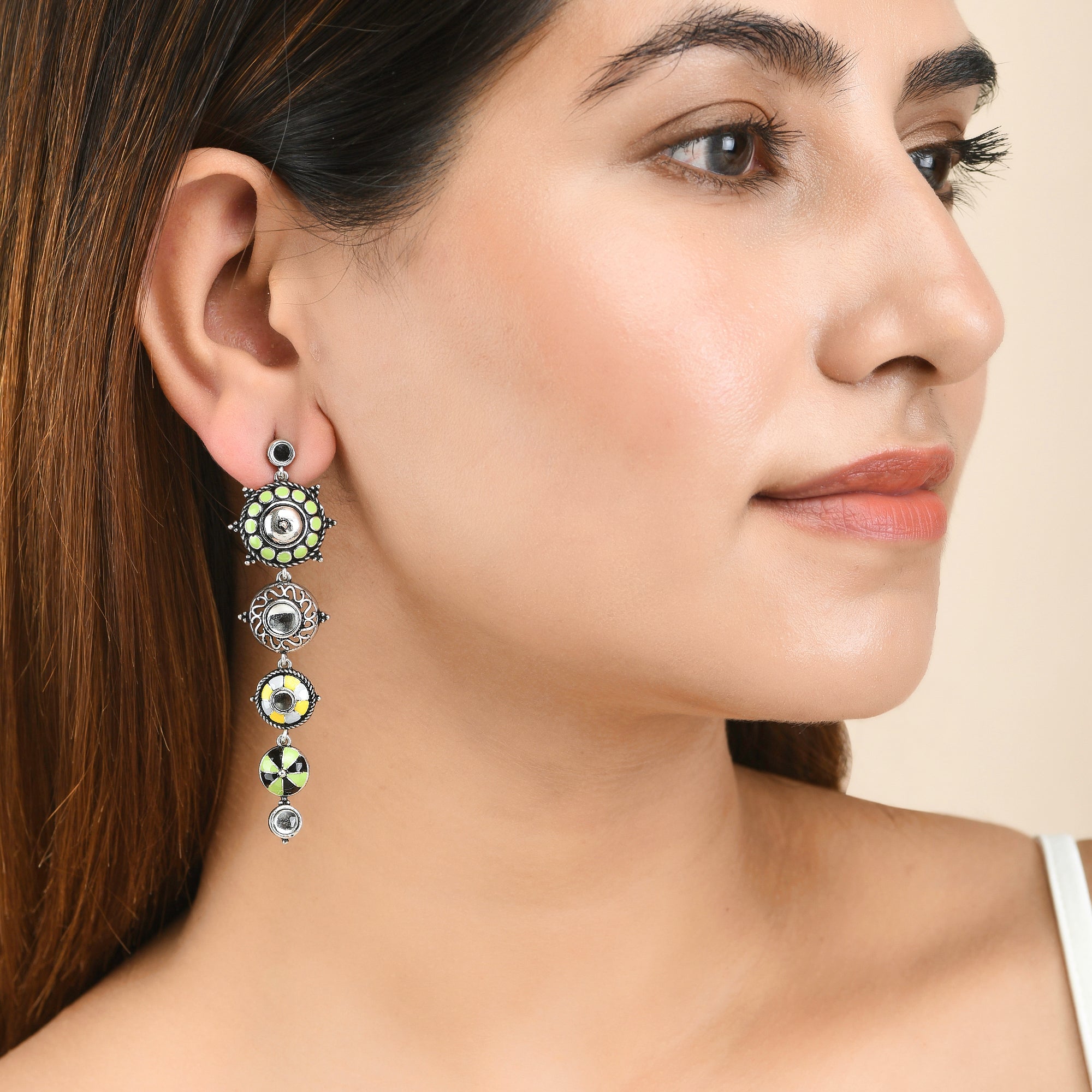 Women's Folklore Long Drop Circles Enamelled Earrings - Voylla