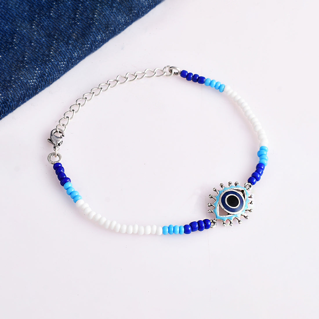 Women's Evil Eye Blue-White Beads Silver Oxidized Chain Bracelet - Voylla