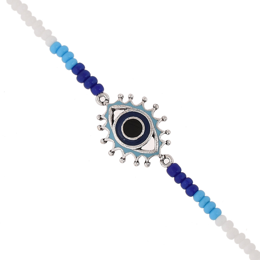 Women's Evil Eye Silver Oxidized Motif With Blue-White Beads Chain Anklet - Voylla