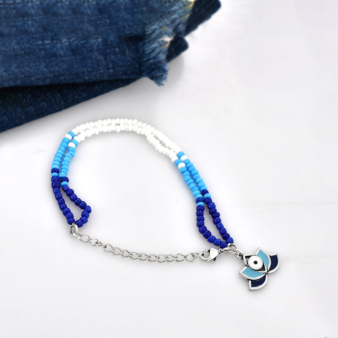 Women's Evil Eye Blue And White Beads Silver Oxidized Chain Bracelet - Voylla