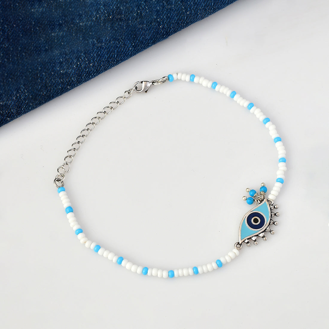 Women's Evil Eye Oxidized White And Blue Bracelet - Voylla