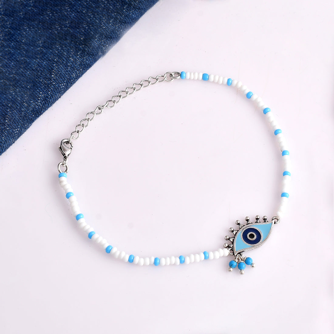 Women's Evil Eye Small Blue And White Bead Hangings Anklet - Voylla
