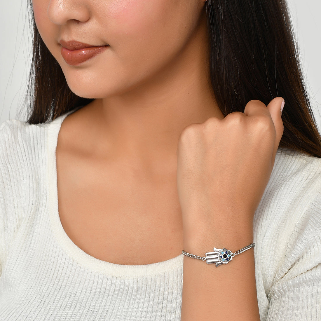 Women's Evil Eye Hamsa Bracelet With Silver Chain - Voylla