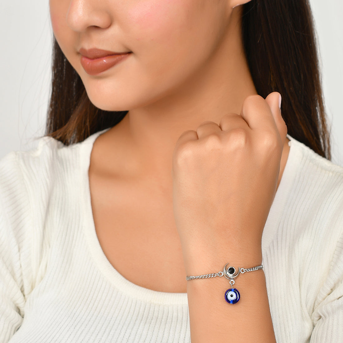 Women's Evil Eye Hanging Bead With Shiva Moon Silver Oxidized Bracelet - Voylla