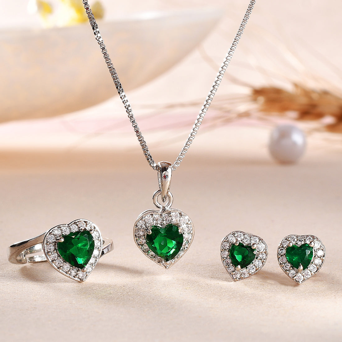 Women's Sparkling Essentials Green Heart Shaped Zircon Box Set - Voylla