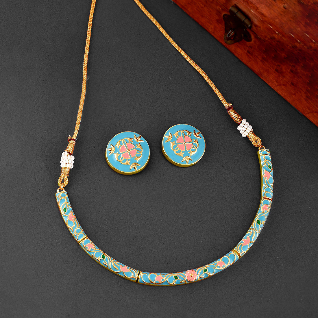 Women's Enameled Elegance Silver Oxidized Blue Necklace Set - Voylla