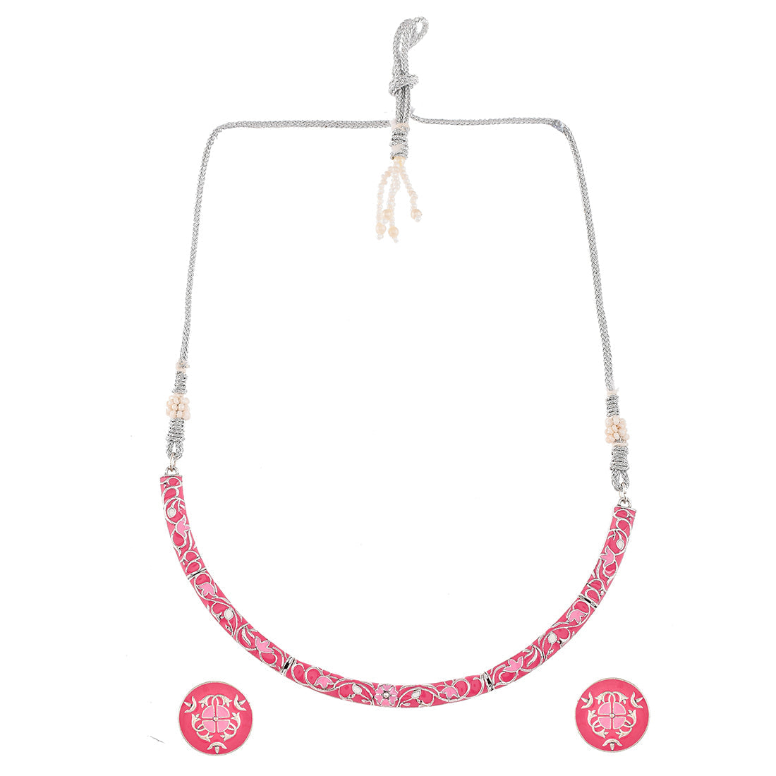 Women's Enameled Elegance Pink Silver Oxidized Necklace Set - Voylla