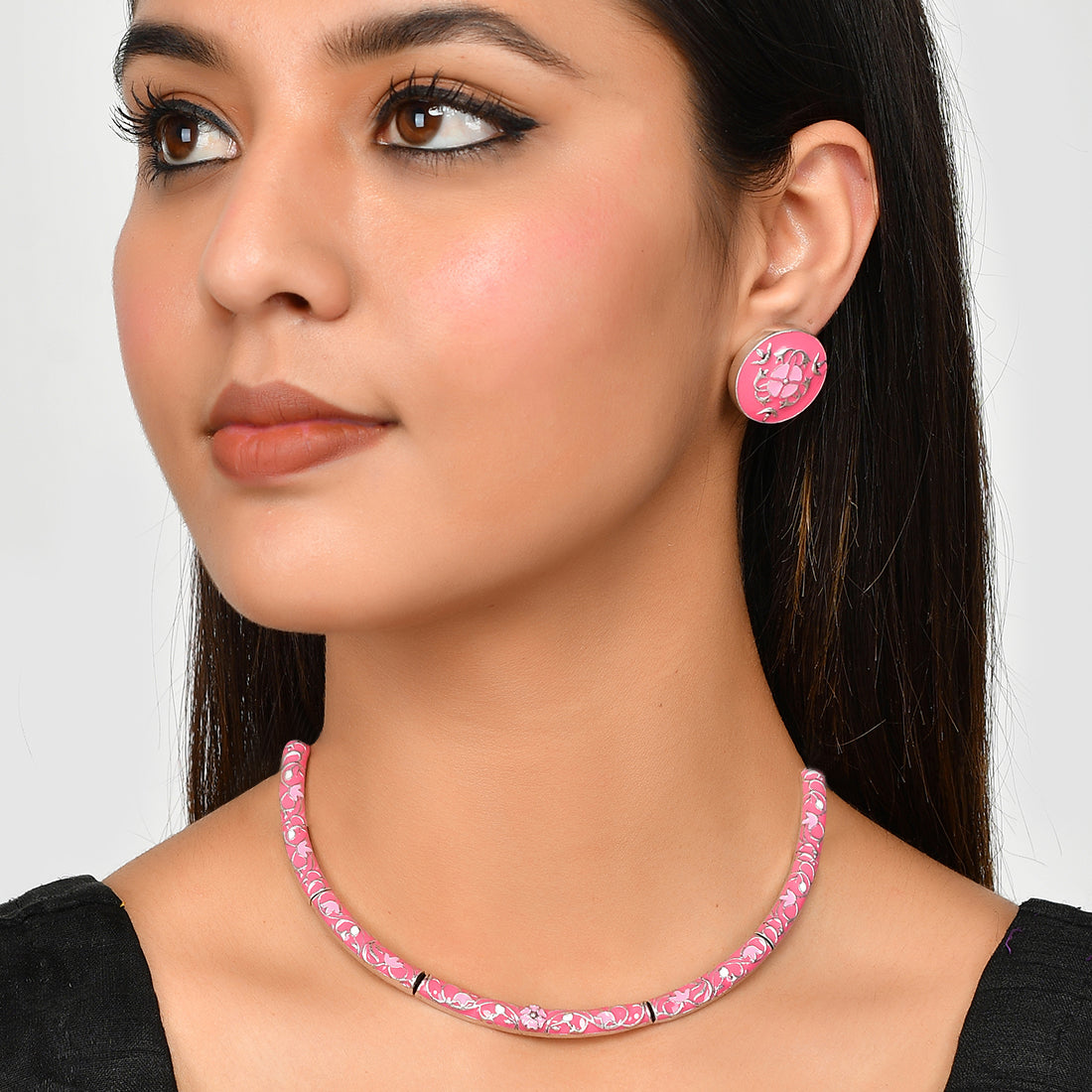 Women's Enameled Elegance Pink Silver Oxidized Necklace Set - Voylla