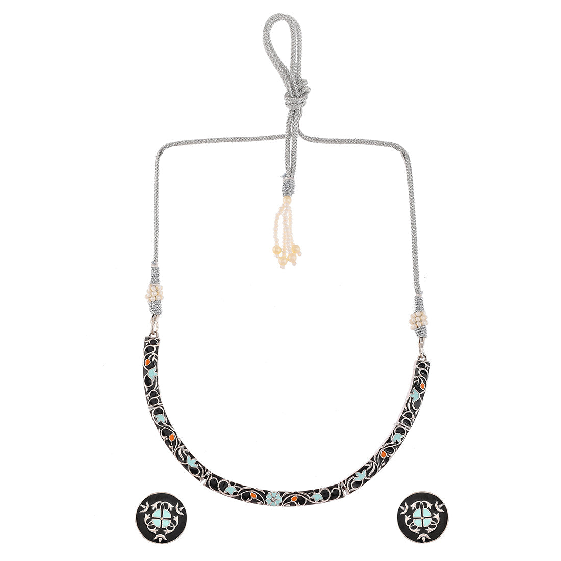 Women's Enameled Elegance Silver Oxidized Blue-Round Necklace Set - Voylla