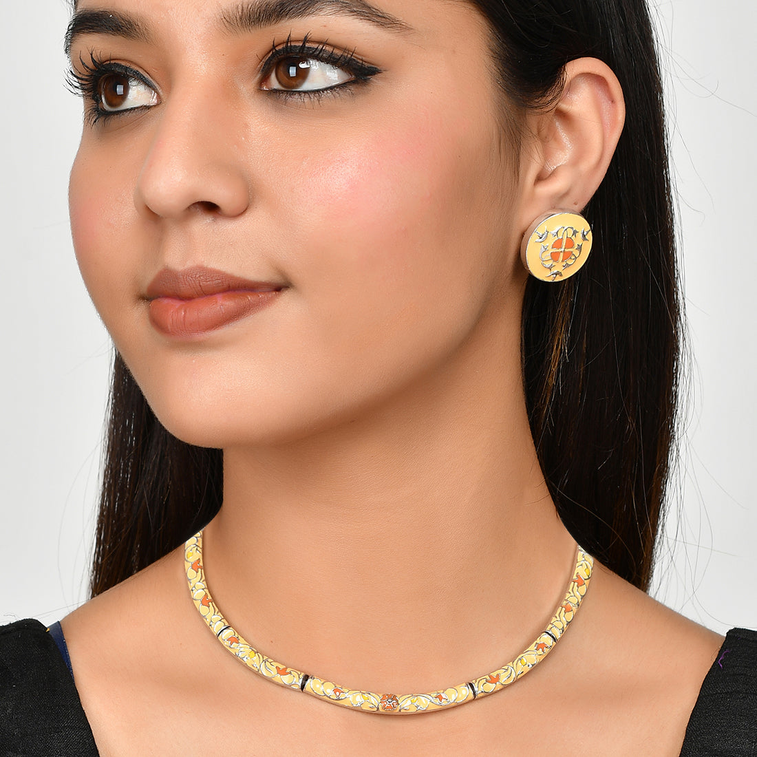 Women's Enameled Elegance Yellow Floral Gold-Plated Necklace Set - Voylla
