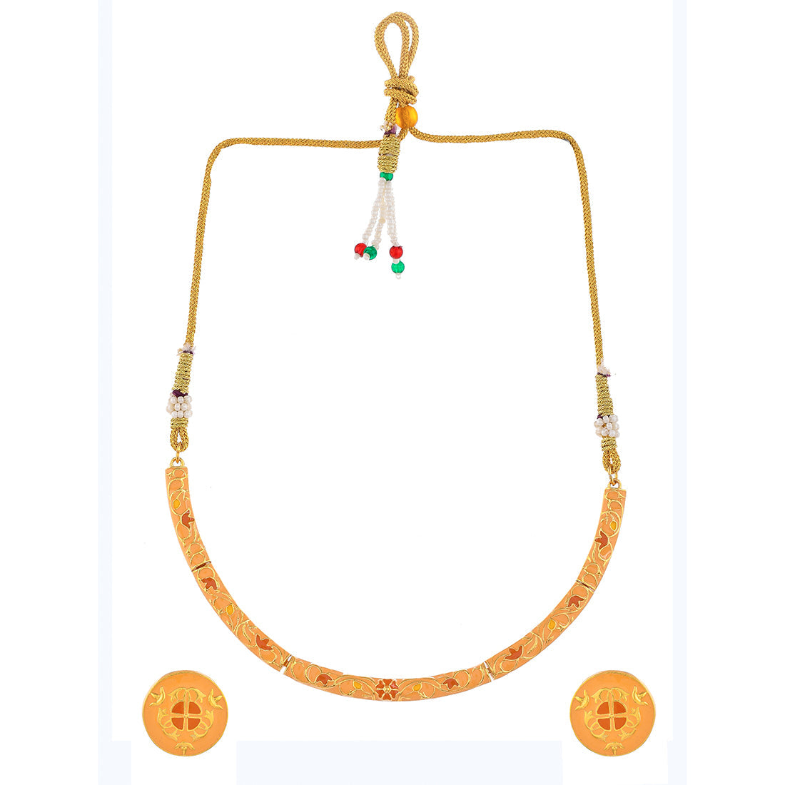Women's Enameled Elegance Orange Floral Gold-Plated Necklace Set - Voylla