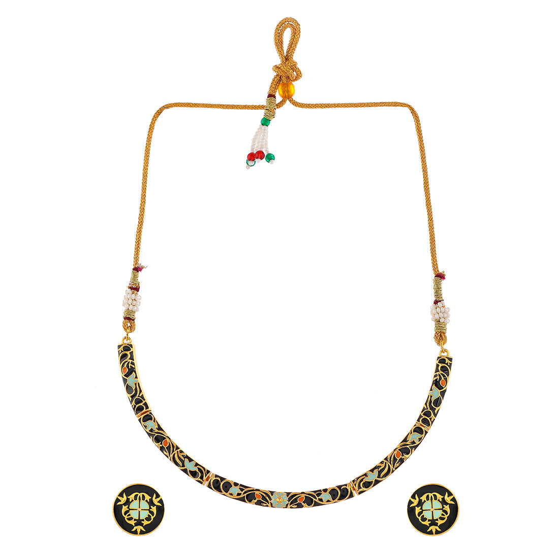 Women's Enameled Elegance Black Gold-Plated Necklace Set - Voylla
