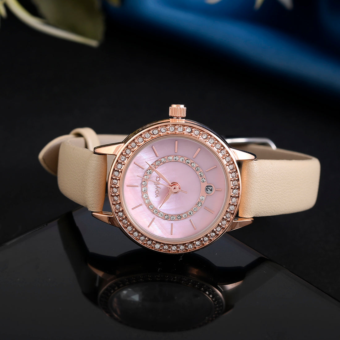 Voylla Gem Studded Pink Dial Watch - Voylla
