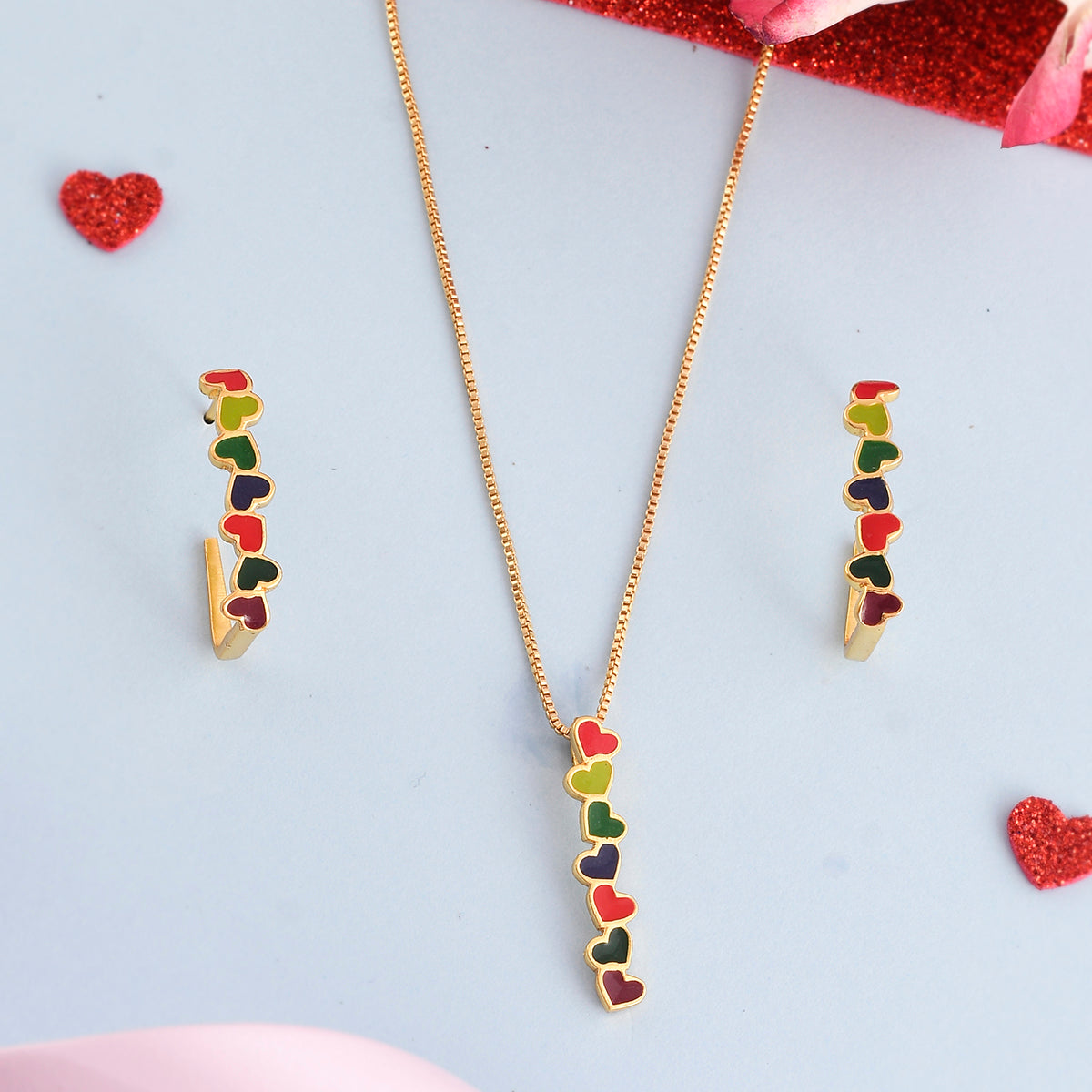 Women's Tiny Coloured Hearts Pendant Set - Voylla