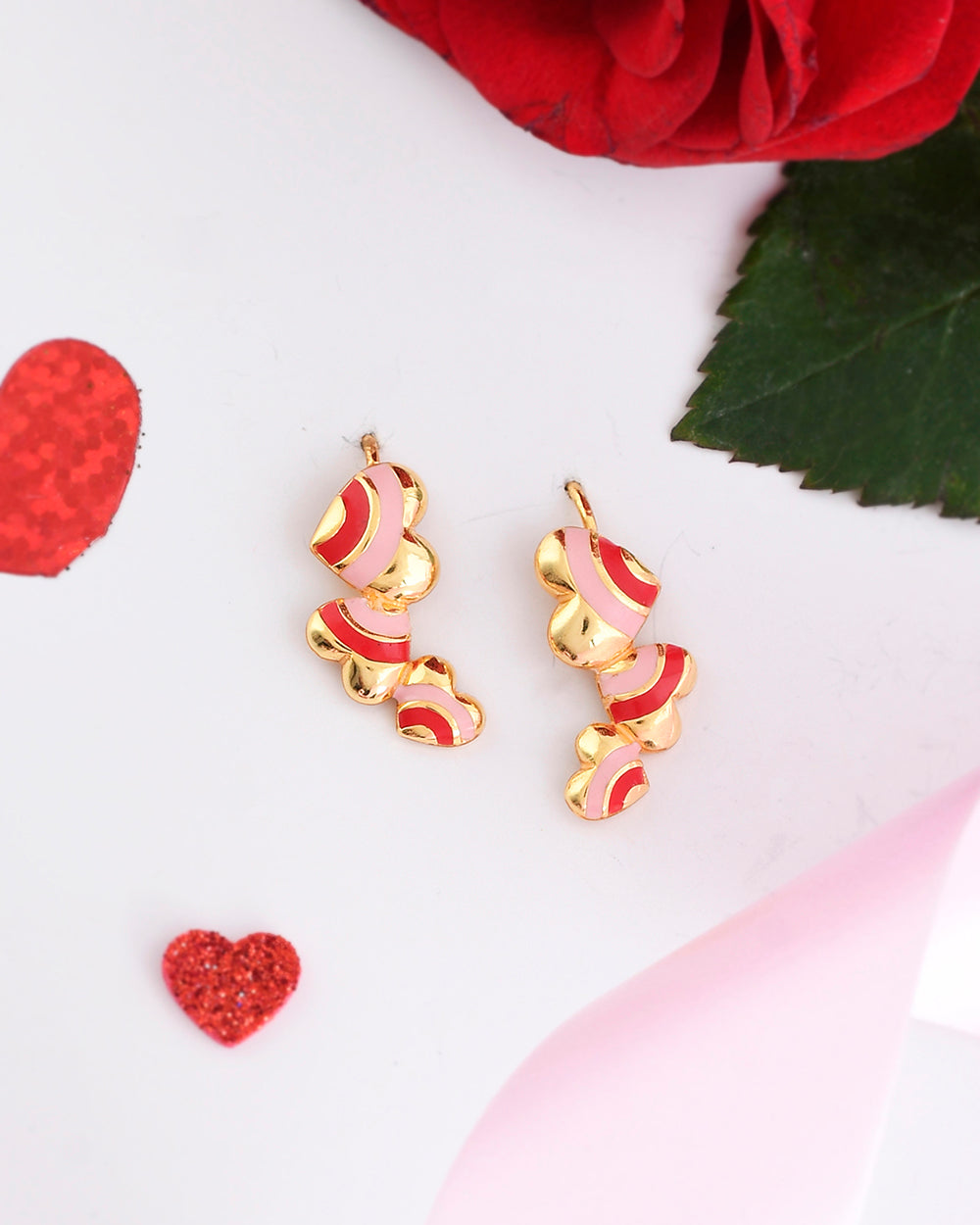 Women's Pink And Red Heart Drops Earrings - Voylla