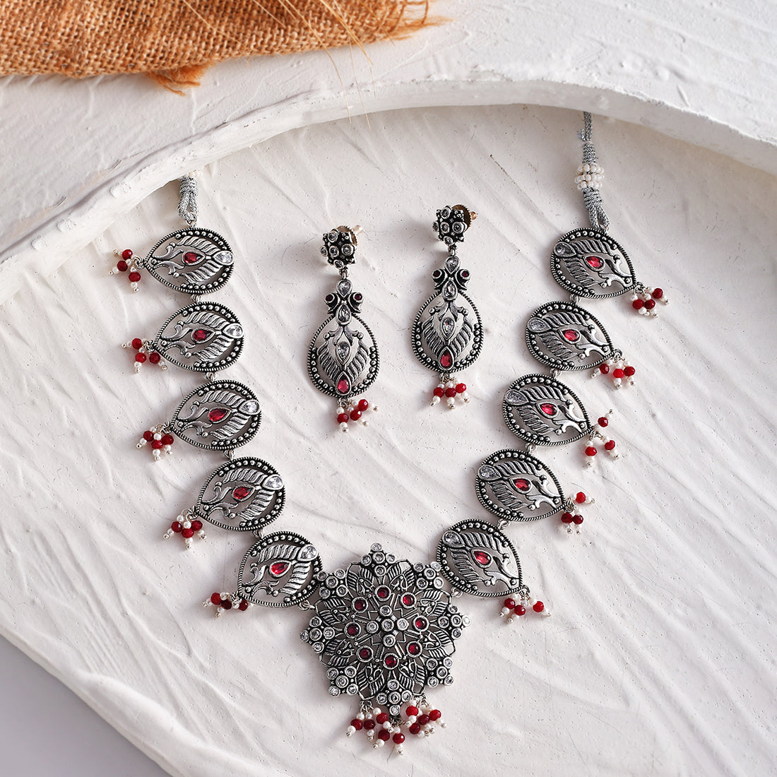 Women's Abharan Filigree Pearls And Stones Embellished Silver Plated Jewellery Set - Voylla