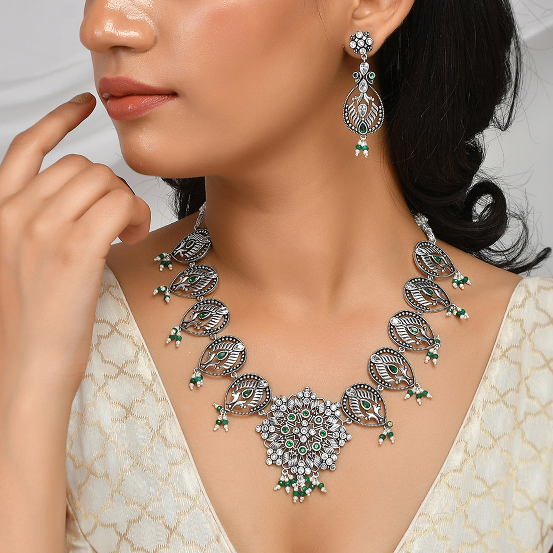Women's Abharan Filigree Pearls And Stones Embellished Jewellery Set - Voylla