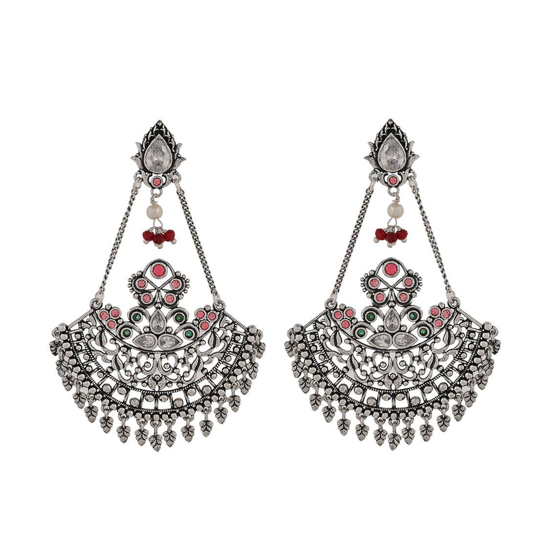 Women's Abharan Teardrop Cut White And Round Pink Stones Drop Earrings - Voylla