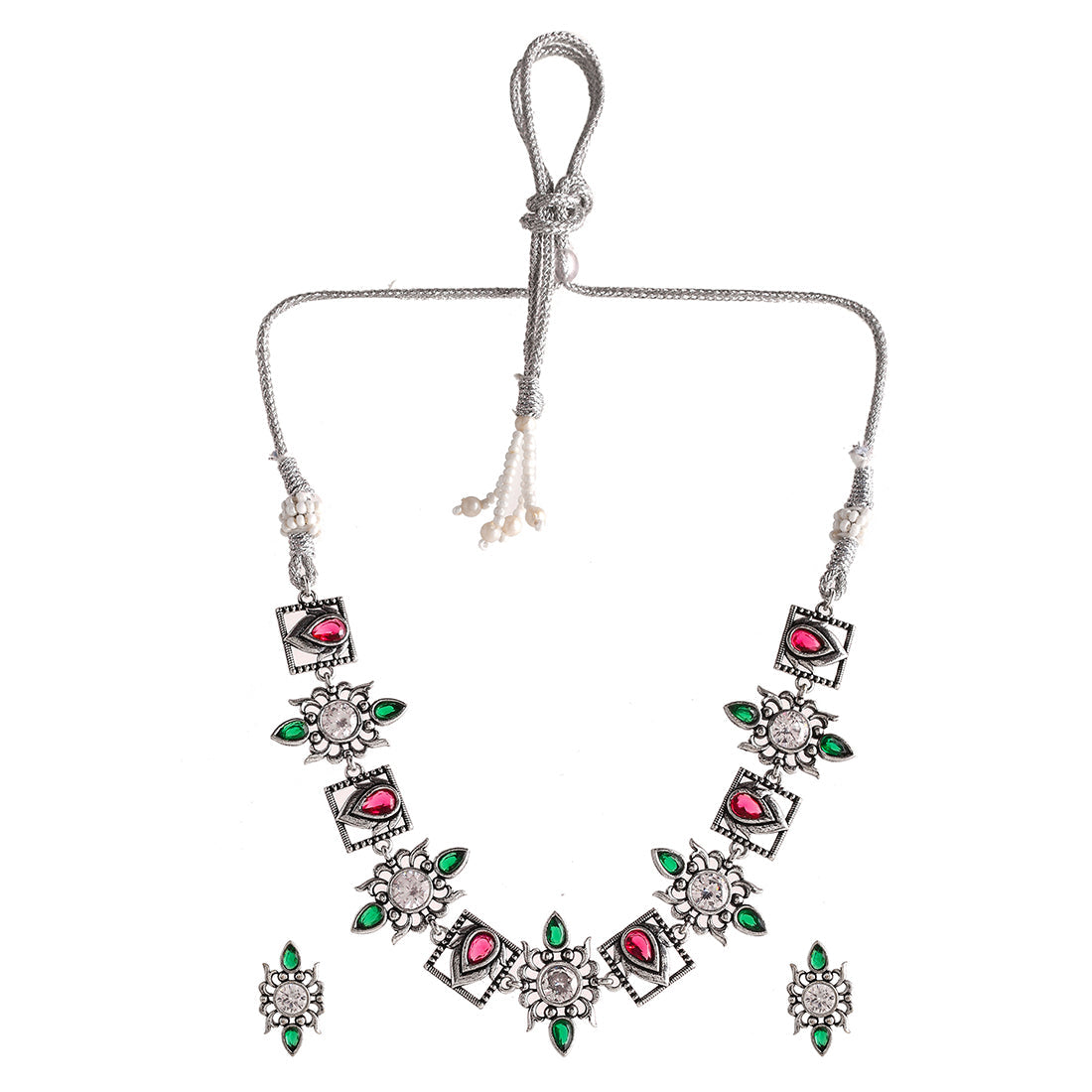 Women's Abharan Casual White And Green Stones Jewellery Set - Voylla