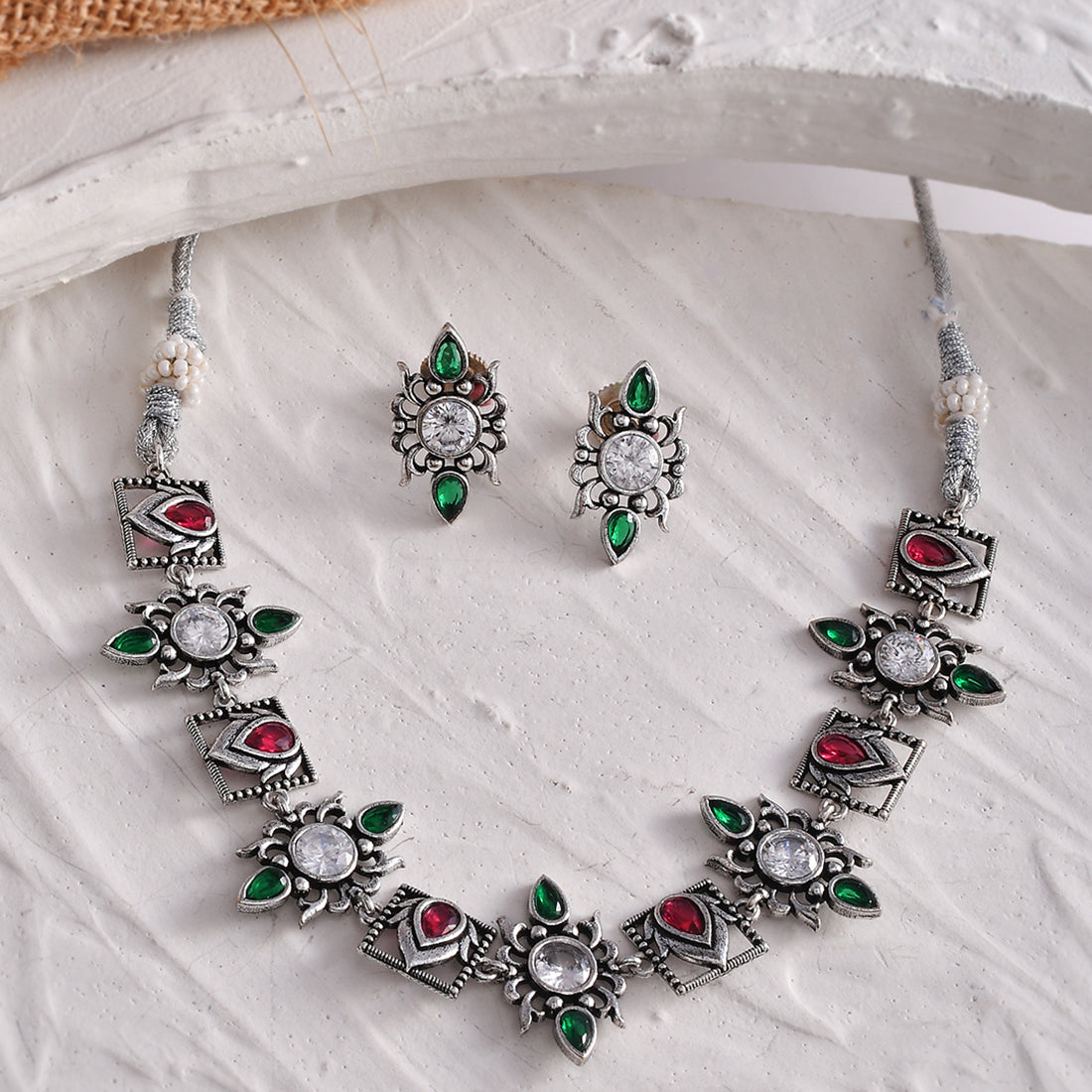 Women's Abharan Casual White And Green Stones Jewellery Set - Voylla