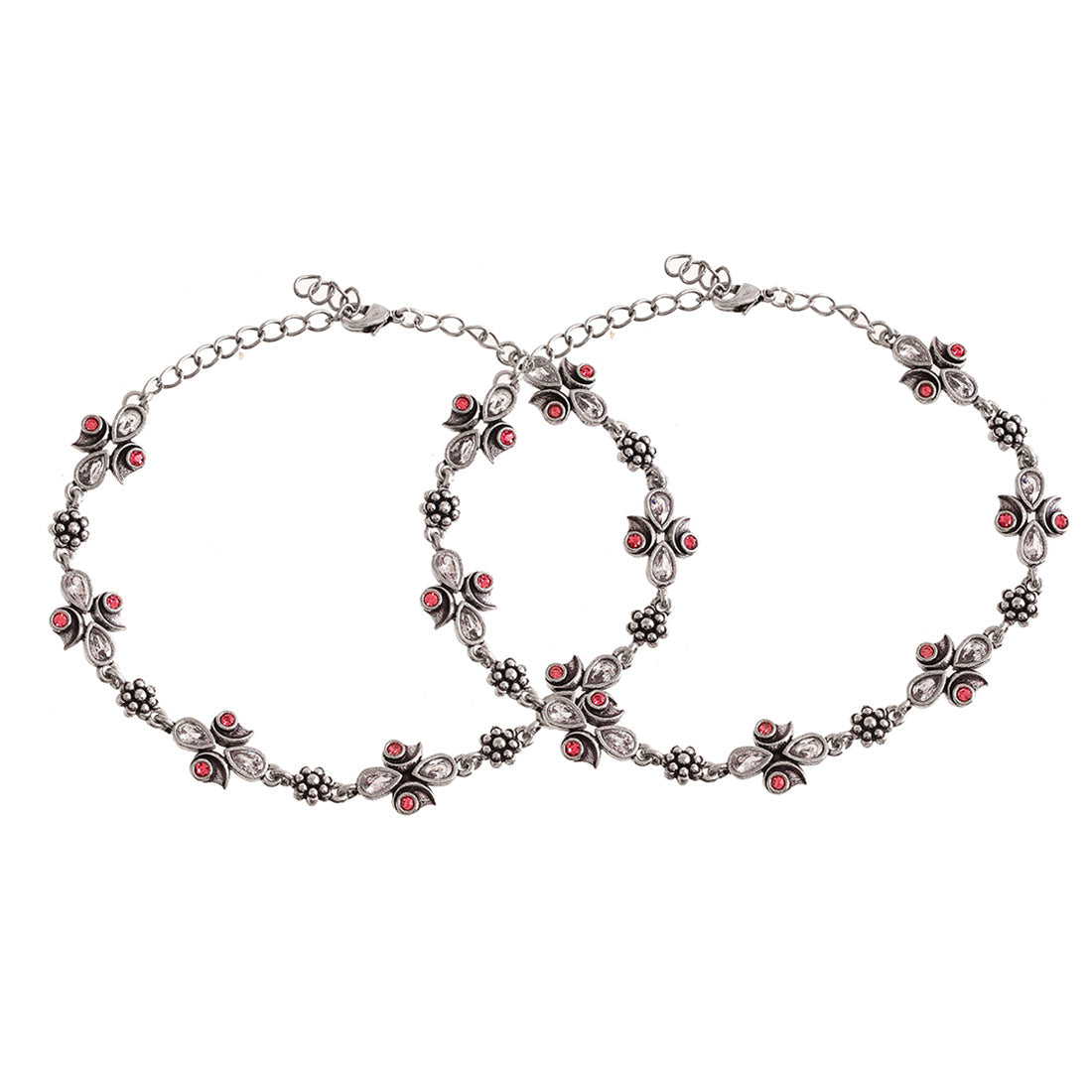 Women's Abharan Silver Plated Pink And White Stones Anklets - Voylla