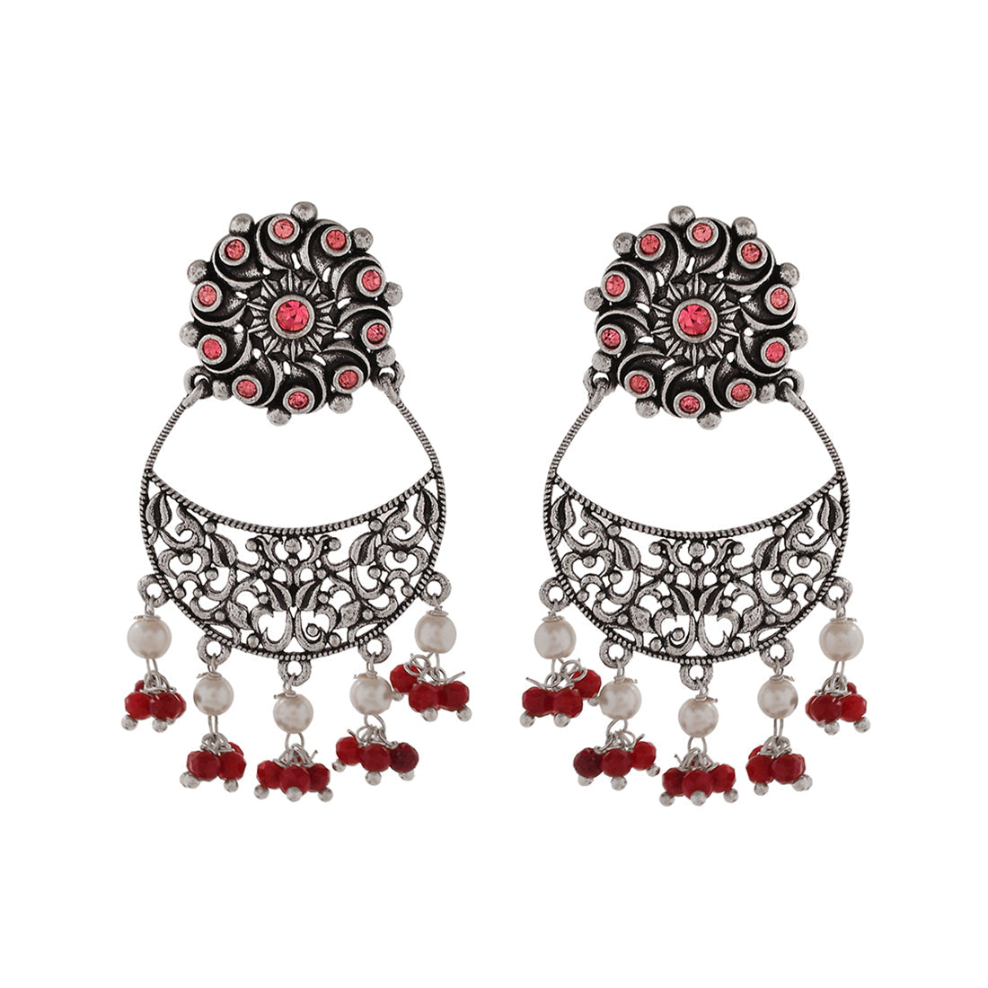 Women's Abharan Round Cut Pink Stones And Pearls Drop Earrings - Voylla