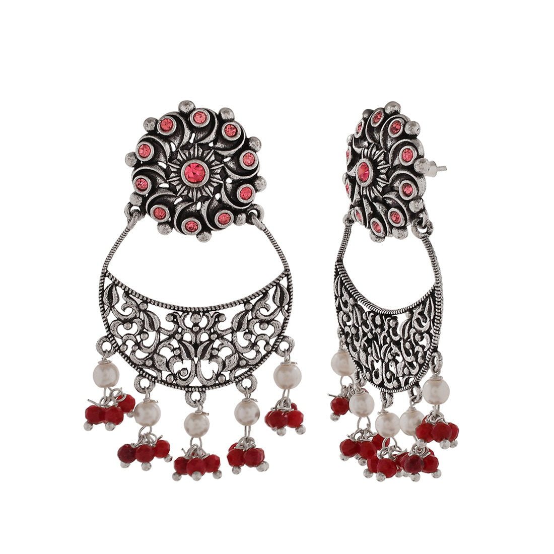 Women's Abharan Round Cut Pink Stones And Pearls Drop Earrings - Voylla