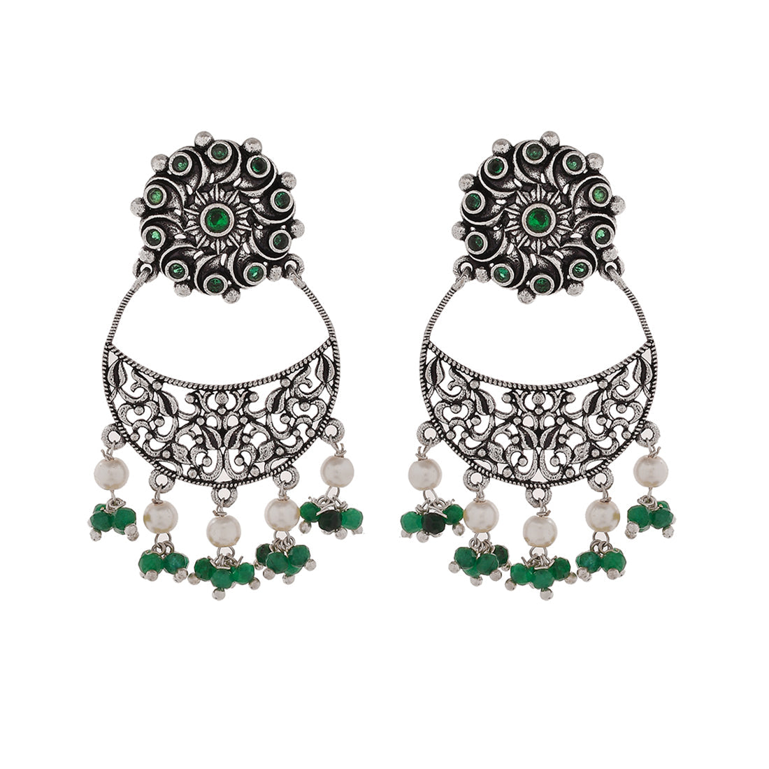 Women's Abharan Jaali Pattern White Pearls And Green Stones Earrings - Voylla