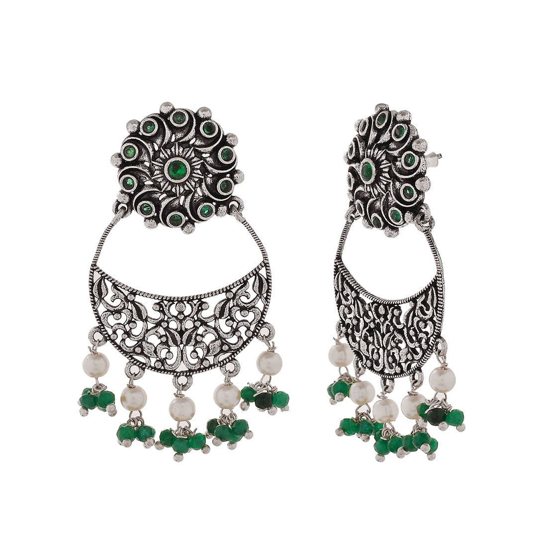 Women's Abharan Jaali Pattern White Pearls And Green Stones Earrings - Voylla