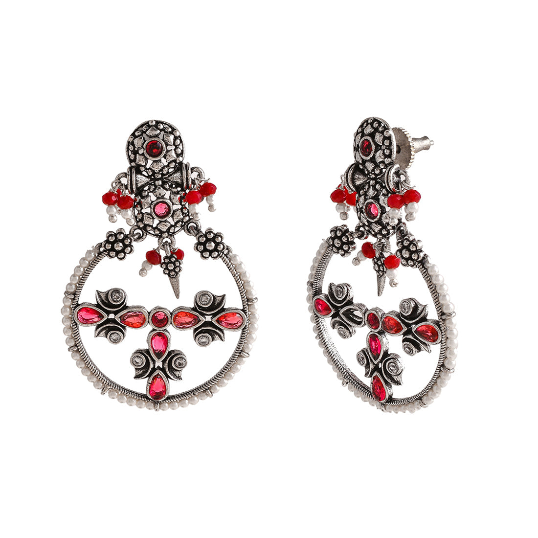 Women's Abharan Floral Motif Teardrop Cut Red Stones And Pearls Drop Earrings - Voylla