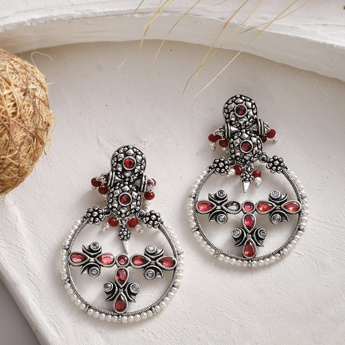 Women's Abharan Floral Motif Teardrop Cut Red Stones And Pearls Drop Earrings - Voylla