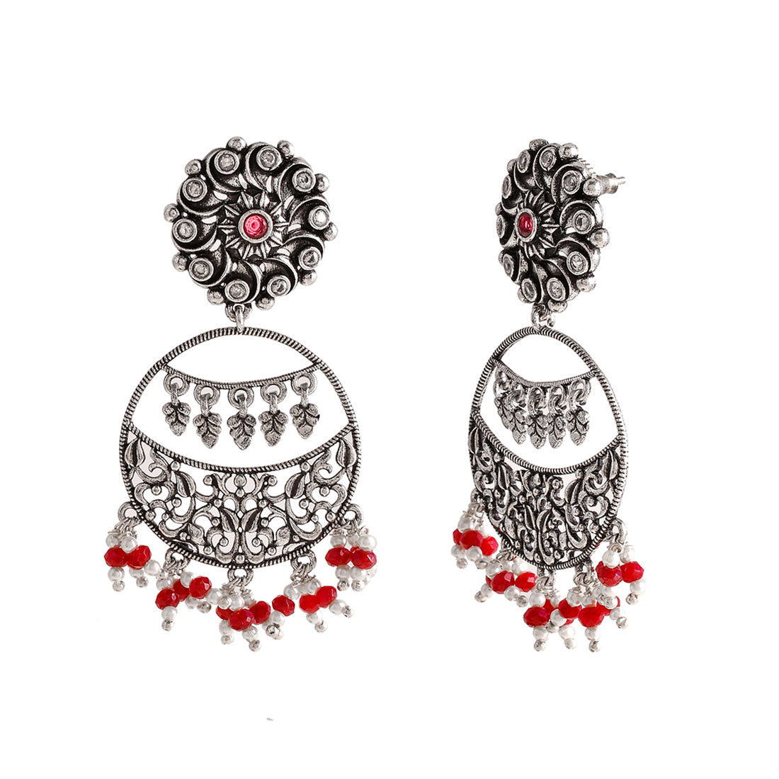 Women's Abharan Red And White Stones And Pearls Drop Earrings - Voylla